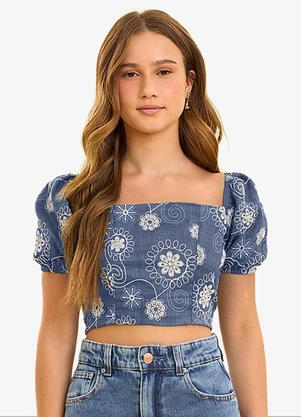 Minty - Blusa Feminina com Manga Bufante e Bordado Azul - MINTY