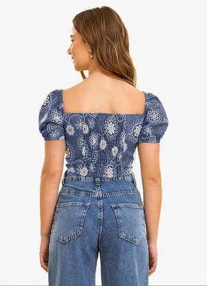 Minty - Blusa Feminina com Manga Bufante e Bordado Azul - MINTY