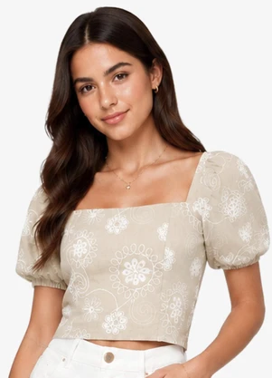 Minty - Blusa Feminina com Manga Bufante e Bordado Bege - MINTY
