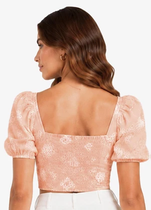 Minty - Blusa Feminina com Manga Bufante e Bordado Rosa - MINTY