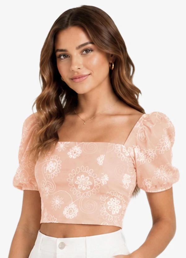 Minty - Blusa Feminina com Manga Bufante e Bordado Rosa