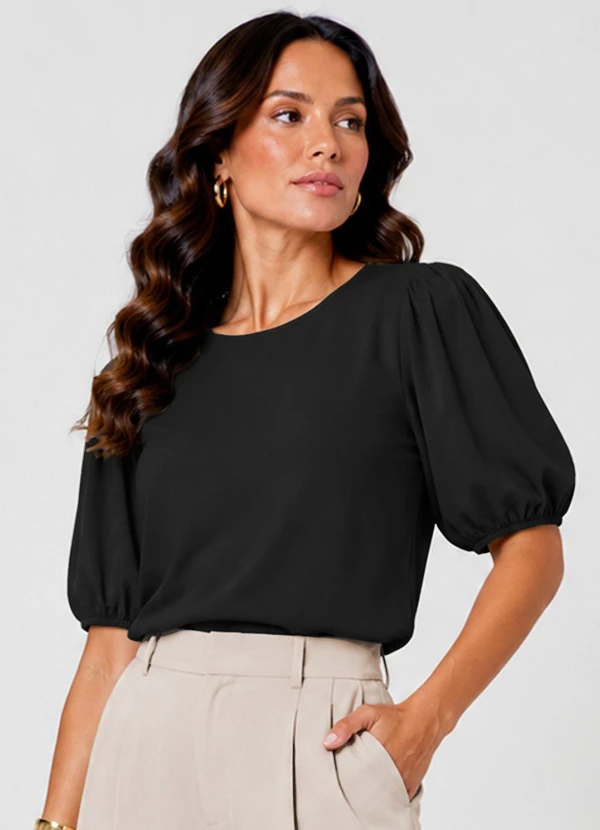 Infinita Cor - Blusa Feminina com Manga Bufante Preto