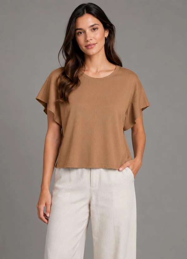 Infinita Cor - Blusa Feminina com Manga Franzida Bege