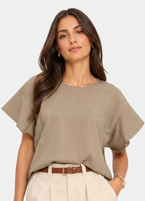 Infinita Cor - Blusa Feminina com Manga Franzida Bege