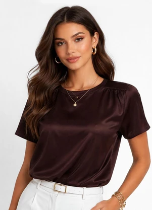 Infinita Cor - Blusa Feminina com Recorte Franzido Marrom - INFINITA COR
