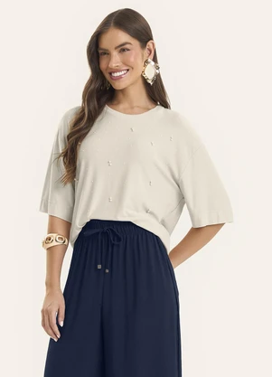 Rovitex - Blusa Feminina com Strass Visco Creponada Bege - ROVITEX