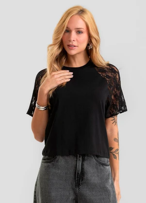 Dianna - Blusa Feminina Cotton e Manga de Renda Preto - DIANNA