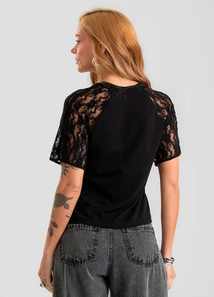 Dianna - Blusa Feminina Cotton e Manga de Renda Preto - DIANNA