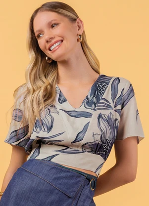 Marialícia - Blusa Feminina Cropped Decote V Azul - MARIALÍCIA