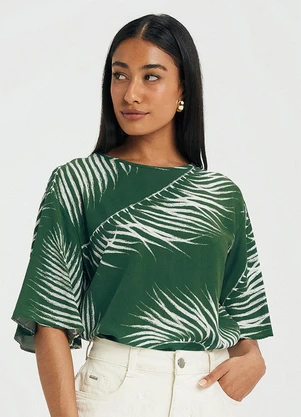 Marialícia - Blusa Feminina Curta Floral em Viscose Verde - MARIALÍCIA