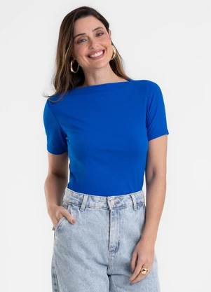 Rovitex - Blusa Feminina Decote Canoa Básica Ribana Azul - ROVITEX