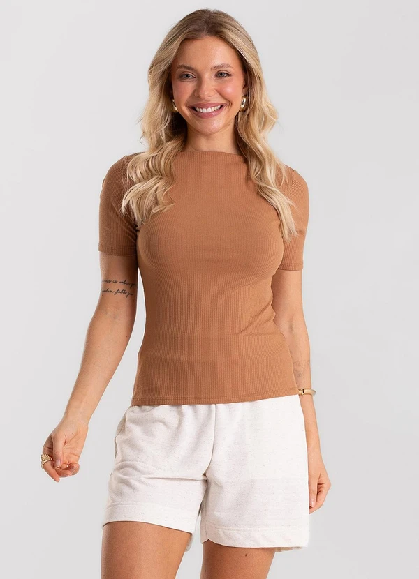 Rovitex - Blusa Feminina Decote Canoa Básica Ribana Marrom