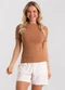 Rovitex - Blusa Feminina Decote Canoa Básica Ribana Branco - variação: Marrom