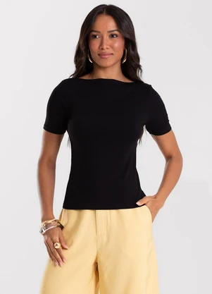 Rovitex - Blusa Feminina Decote Canoa Básica Ribana Preto - ROVITEX