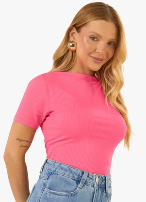 Rovitex - Blusa Feminina Decote Canoa Básica Ribana Rosa - ROVITEX
