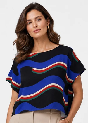 Infinita Cor - Blusa Feminina Decote Canoa Estampado Preto - INFINITA COR