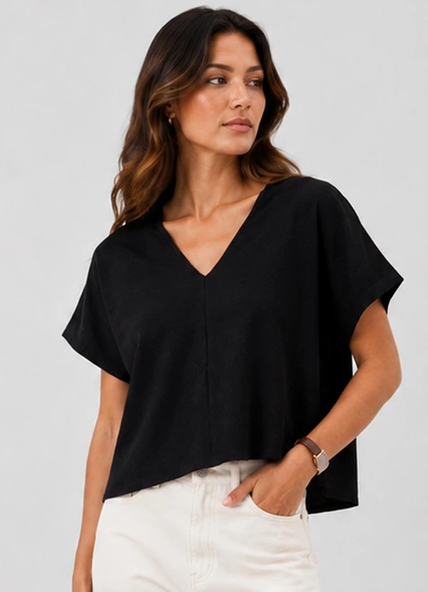 Infinita Cor - Blusa Feminina Decote em V Preto