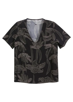 Marialícia Blusa Feminina Decote V Floral Preto