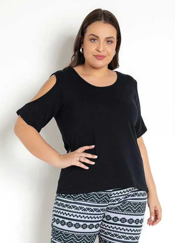 Moda Pop - Blusa Feminina Detalhe com Recorte Preta 8