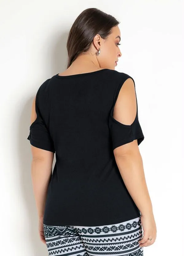 Moda Pop - Blusa Feminina Detalhe com Recorte Preta 9