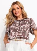 Blusa Feminina em Malha Fria Estampa �tnica Marrom com Pregas