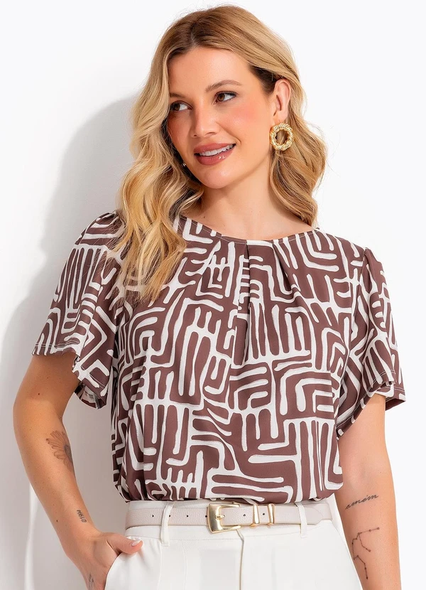 Quintess - Blusa Feminina em Malha Fria Estampa Étnica Marrom com Pregas 5