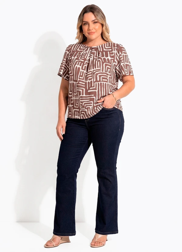 Quintess - Blusa Feminina em Malha Fria Estampa Étnica Marrom com Pregas 7