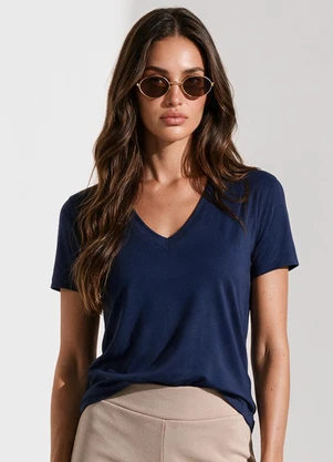 Veev - Blusa Feminina em Malha Modal e Decote V Azul - VEEV