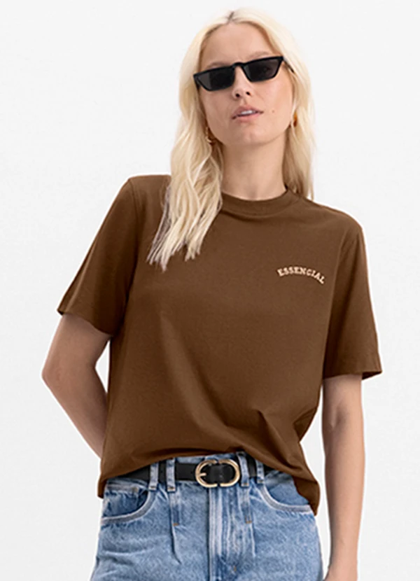 Essendi - Blusa Feminina em Meia Malha Estampada Marrom