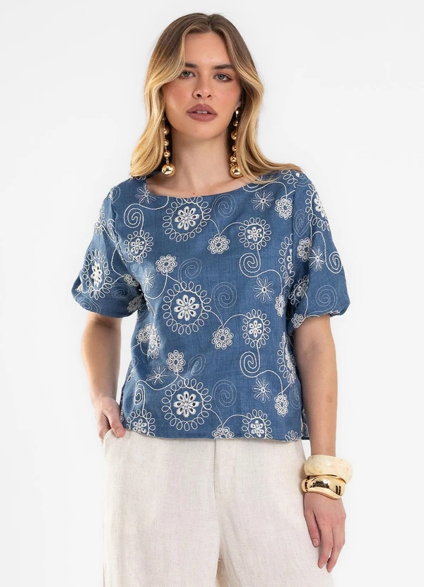 Rovitex - Blusa Feminina em Poly BordadoAzul