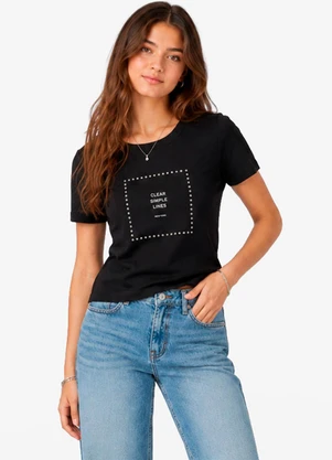 Minty - Blusa Feminina em Ribana com Termocolante Preto - MINTY