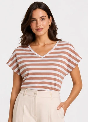 Infinita Cor - Blusa Feminina em Ribana Decote V Marrom - INFINITA COR