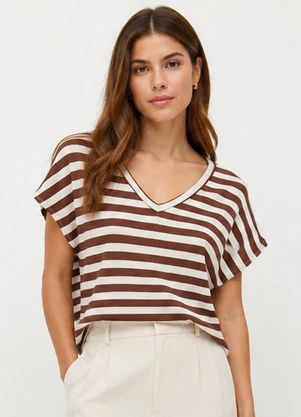 Infinita Cor - Blusa Feminina em Ribana Decote V Marrom - INFINITA COR