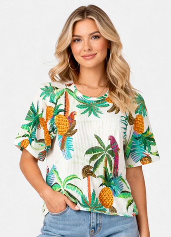 Infinita Cor - Blusa Feminina em Ribana Estampada Bege
