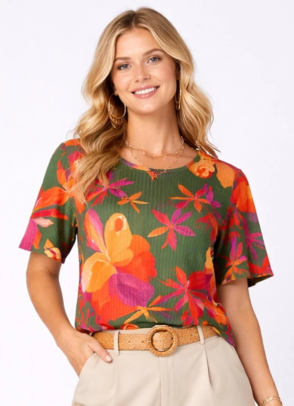 Infinita Cor - Blusa Feminina em Ribana Estampada Verde