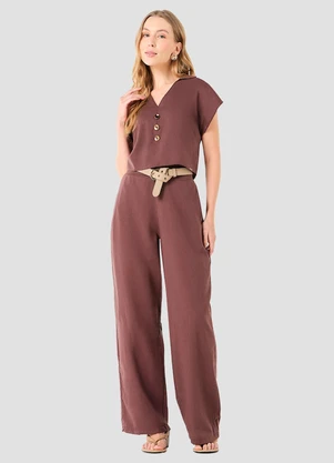 Cereja Rosa - Blusa Feminina em Tecido Plano Linho Marrom - CEREJA ROSA