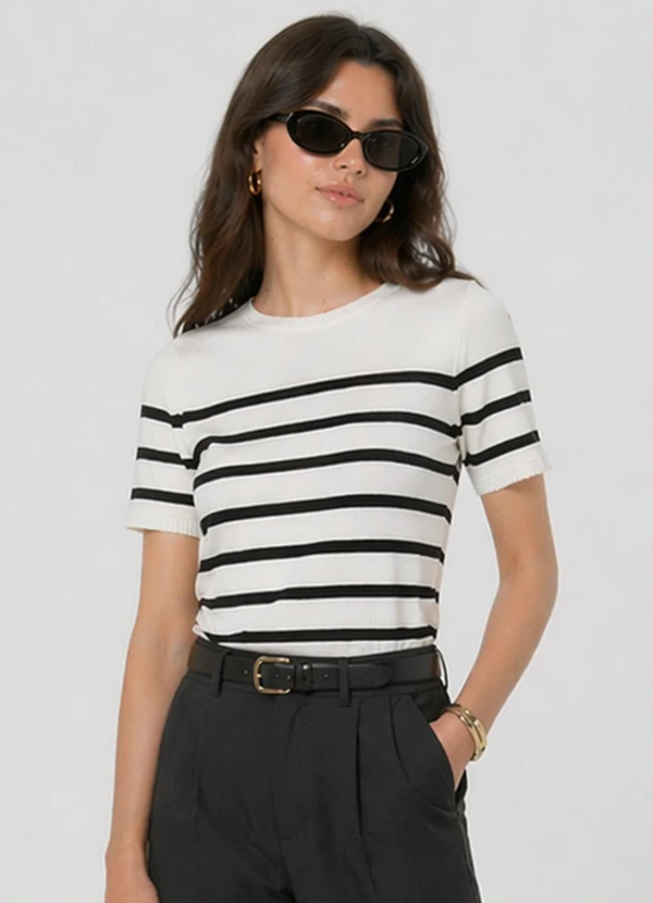 Dianna - Blusa Feminina em Tricot Listrado Bege