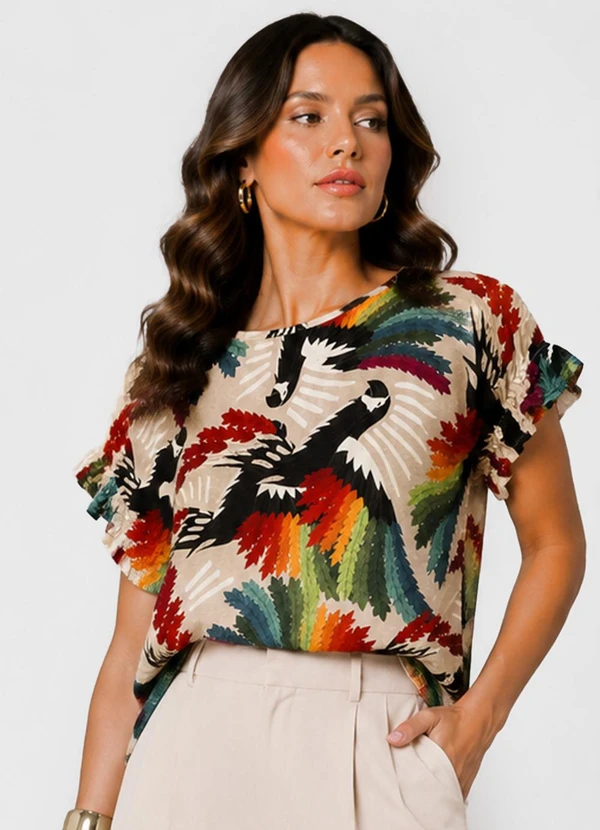 Infinita Cor - Blusa Feminina em Viscotorcion Rotativo Bege