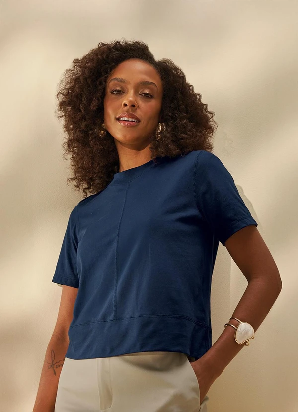 Marialícia - Blusa Feminina Esmera Manga Curta Azul