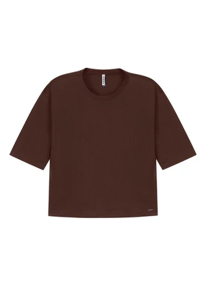 Marialícia - Blusa Feminina Esmera Meia Malha Pima Marrom - MARIALÍCIA