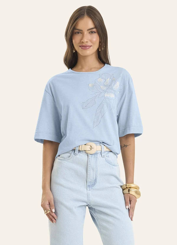 Rovitex - Blusa Feminina Estampa com Bordado Azul