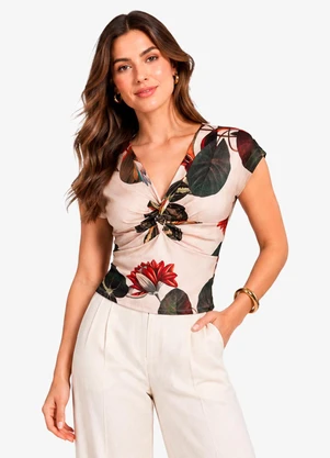 Rovitex - Blusa Feminina Estampada Decote Nó Bege - ROVITEX
