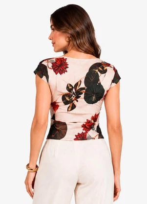 Rovitex - Blusa Feminina Estampada Decote Nó Bege - ROVITEX