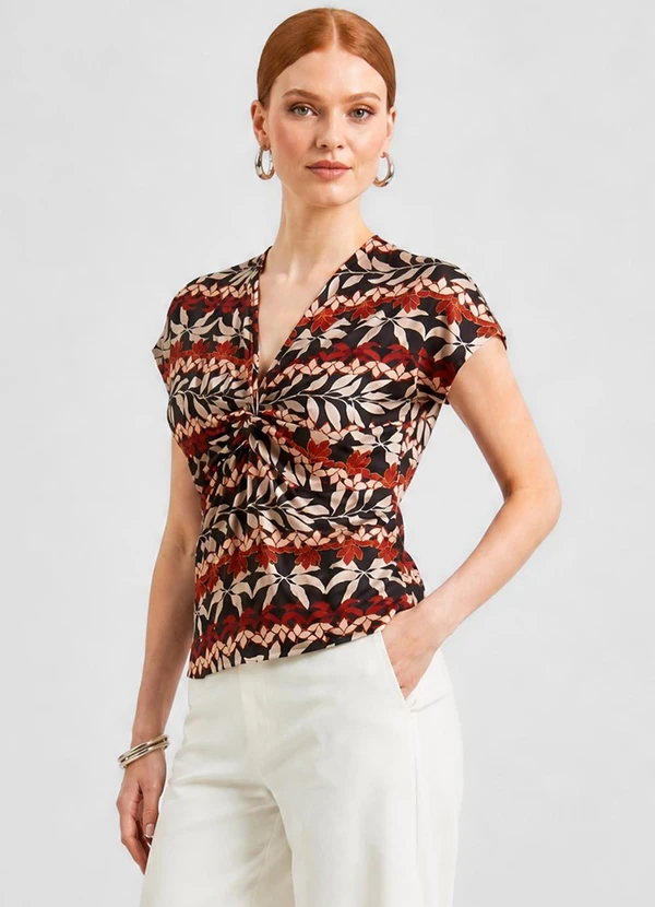 Rovitex - Blusa Feminina Estampada Decote Nó Preto