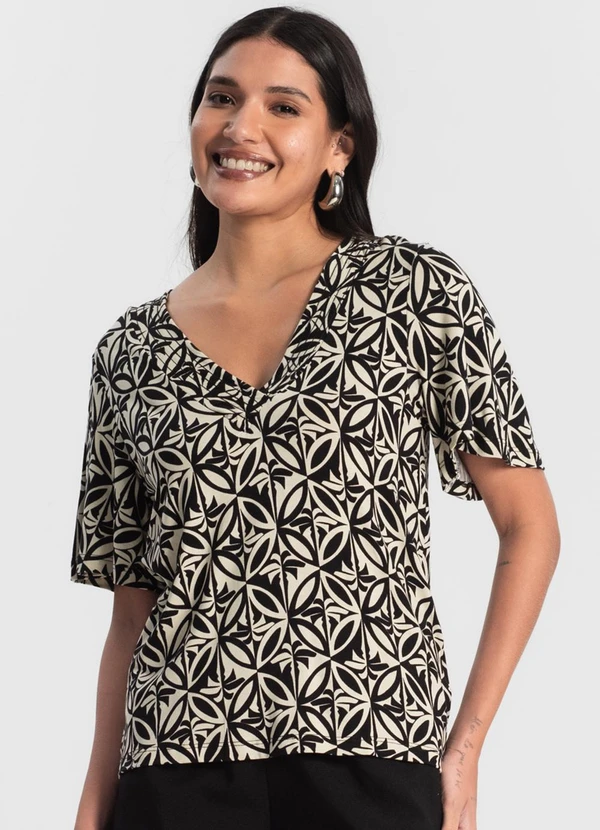 Rovitex - Blusa Feminina Estampada Godê Preto