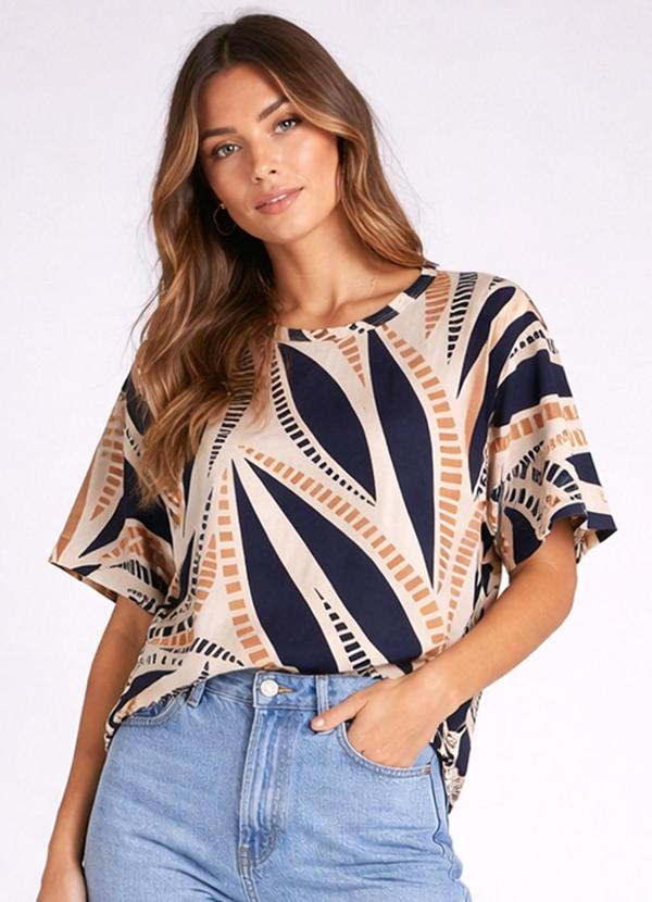 Infinita Cor - Blusa Feminina Estampada Gola Redonda Bege