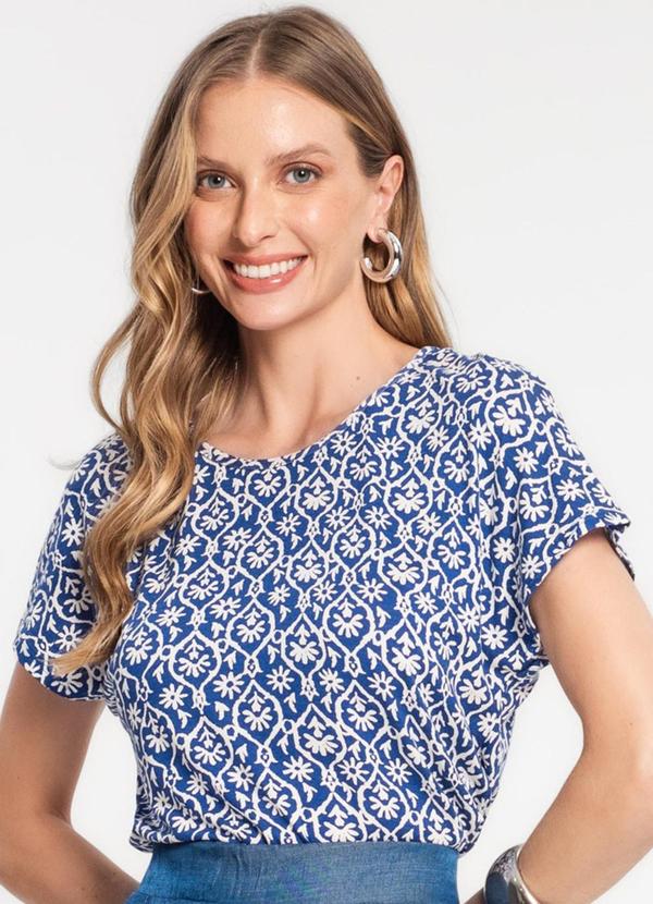 Rovitex - Blusa Feminina Estampada Manga Curta Azul