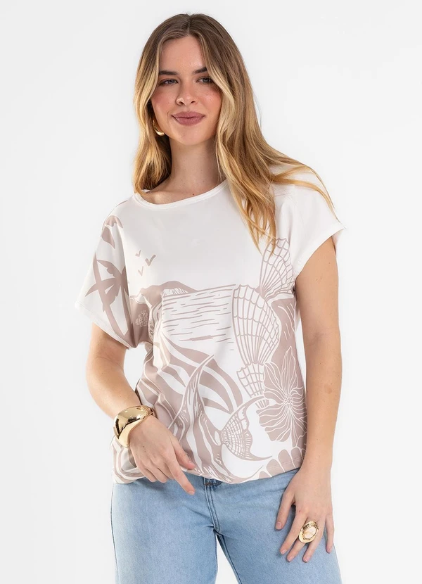 Rovitex - Blusa Feminina Estampada Visco Creponada Bege