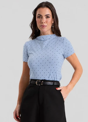 Dianna - Blusa Feminina Gola Chaminé com Estampa Poá Azul - DIANNA