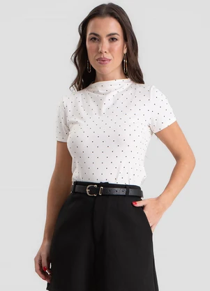 Dianna - Blusa Feminina Gola Chaminé com Estampa Poá Bege - DIANNA